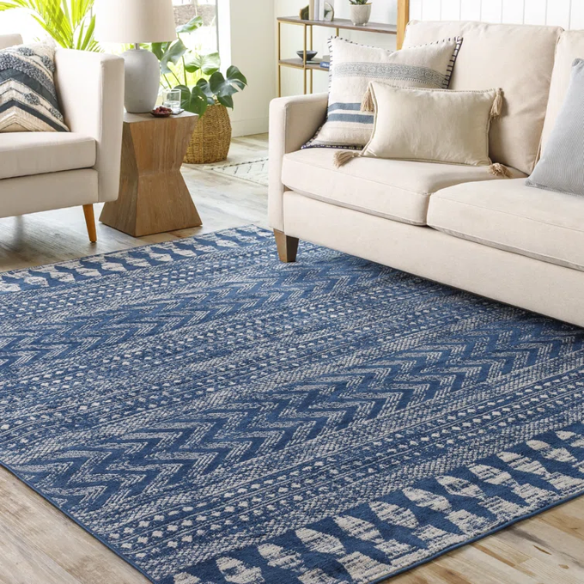 Southwestern-Inspired Geometric Rug – Navy Blue Diamond, Chevron & Dot Patterns on Off-White, Stain-Resistant, Perfect for High-Traffic Areas