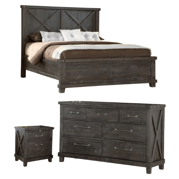 Industrial-Inspired Wood Standard Configurable Bedroom Set: Crafted from Solid Acacia and Pine with Hand-Hewn Planks, Metal Hook-On Side Rails, and Cross Slat Support System for Ultimate Durability and Unique Patina Finish