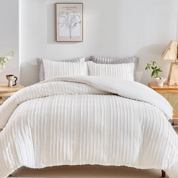 Luxurious Tufted Duvet Cover Set – Queen Size | Striped Textured Boho Bedding | Ultra-Soft Washed Microfiber | 3-Piece Set