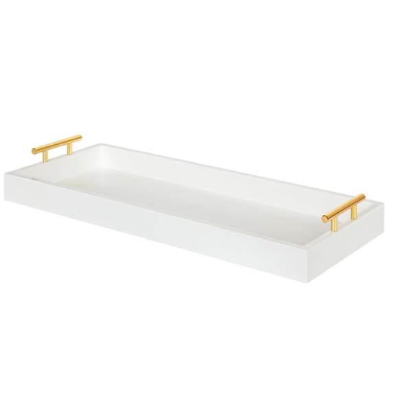Sleek and Sophisticated Long Rectangular Serving Tray – High Gloss Wood with Polished Metal Handles, Perfect for Entryway, Vanity, or Coffee Table