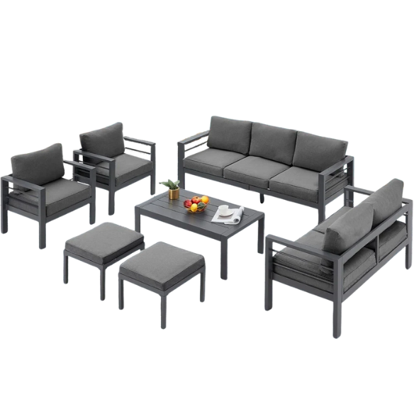 Modern Outdoor Patio Furniture Set | 7-Piece Conversation Set with Coffee Table and Cushions | Ideal for Balcony, Porch, and Lawn