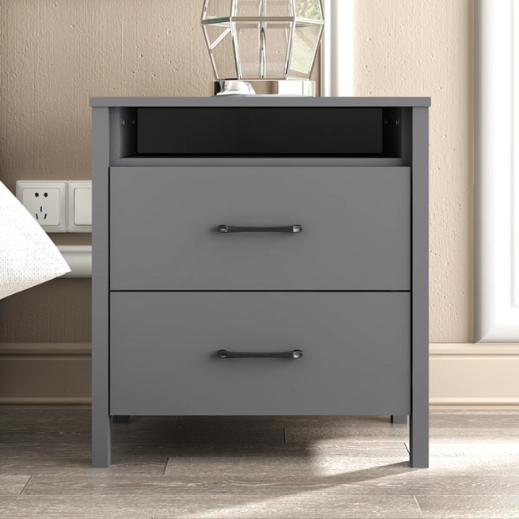 22.7" 2-Drawer Nightstand – Space-Saving Modern Minimalism, Engineered Wood with Clean-Lined Silhouette, Neutral Finish, Open Cubby & 2 Spacious Drawers for Bedroom Storage, Ideal for Tech & Accessories