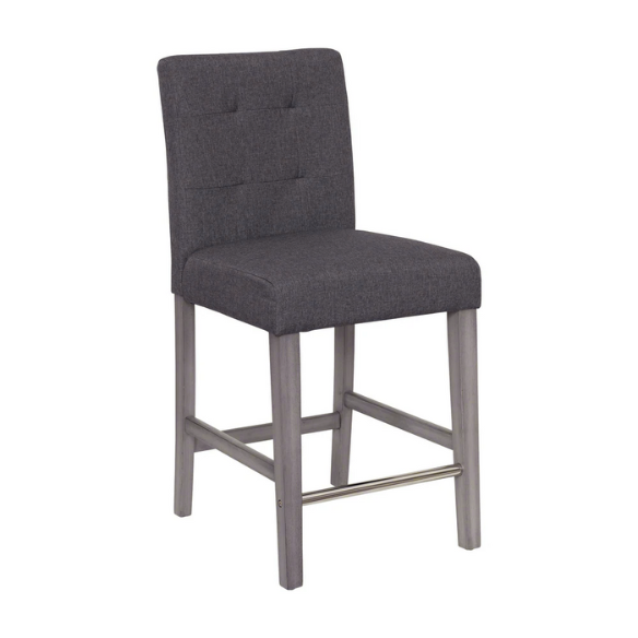 Upholstered 25" Counter Height Bar Stool – Modern Farmhouse Design with Tufted Back, Foam Padded Seat, Washed Grey Solid Wood Legs, and Durable Steel Footrest