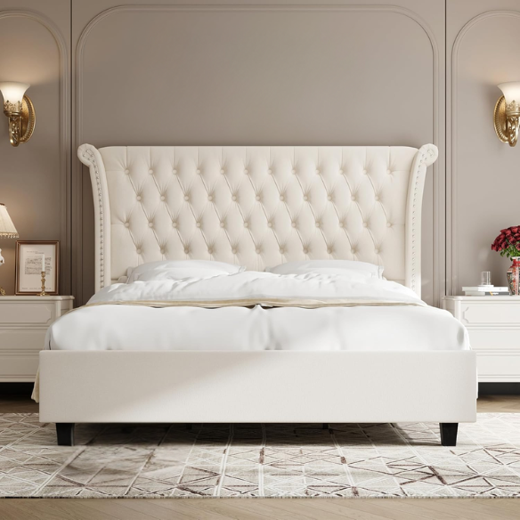 Luxurious Tufted Button Upholstered Wingback Queen Bed with Raised Headboard for Ultimate Comfort