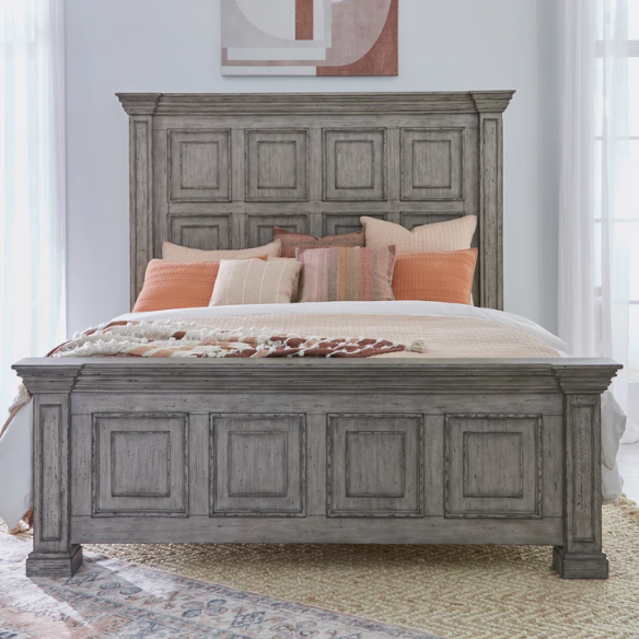 4-Piece Panel Bed, Dresser, Mirror & Nightstand Set with Antique Pewter Accents and Charging Station – Distressed Whitestone Finish, Rubberwood Solids, and Architectural Det