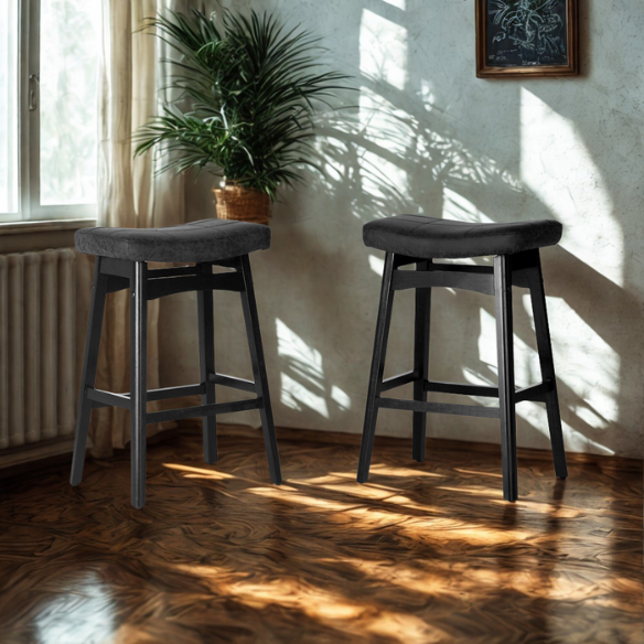 24-Inch Solid Wood Barstools with Linen/PU Leather Fabric Cushion – Set of 2 Backless Saddle Seat Counter Stools for Modern Living