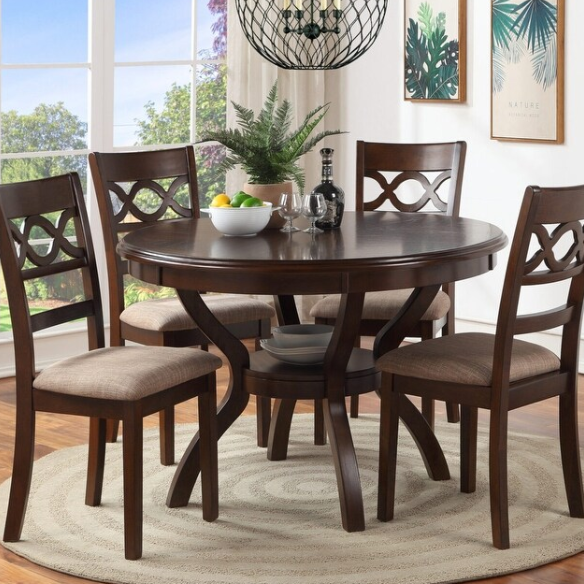 5-Piece Dining Set – Modern Farmhouse Round Table with Curvy Legs & X-Cross Chair Detail