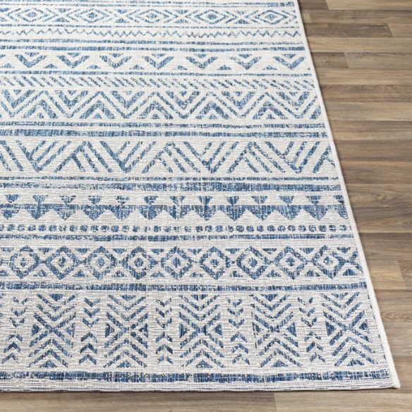 Striped Geometric Area Rug – Blue & Cream White, Durable Polypropylene, Low-Pile Design for High-Traffic Indoor/Outdoor Spaces