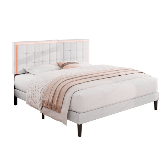 King Size Button-Tufted Platform Bed with LED Headboard, Built-in Charging Station, and Under-Bed Storage – Modern Convenience Meets Stylish Design