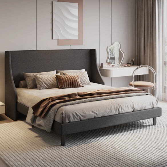 Luxurious King Size Upholstered Platform Bed with Deluxe Wingback Headboard – Soft Velvet and Linen Blend Upholstery, Sturdy Solid Wood Frame, and Modern Minimalist Design for Ultimate Comfort