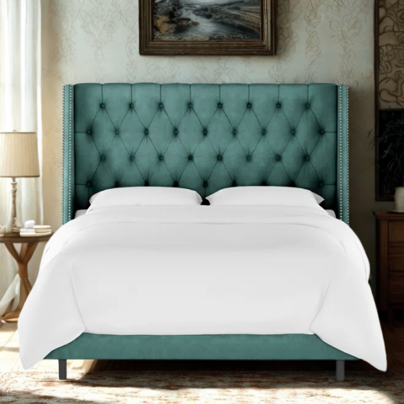Chic Upholstered Wingback King Size Bed with Button Tufting and Nailhead Trim