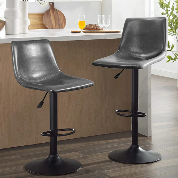 Set of 2 Adjustable Height Swivel Bar Stools with Back – Mid-Century Modern Design, Polished Chrome Base, Ergonomic Imitation Leather Seat, 360° Rotation for Kitchen Island or Bar