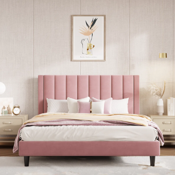 Luxurious Upholstered Platform Bed – Full/Double Size with Velvet Upholstery and Striped Headboard for Elegant Comfort