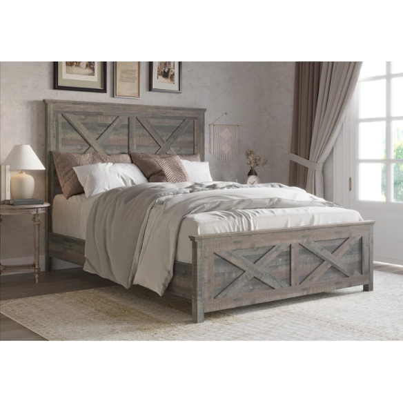 Rustic Queen Size Storage Bed with X-Shaped Wooden Paneling – Stylish and Functional Design
