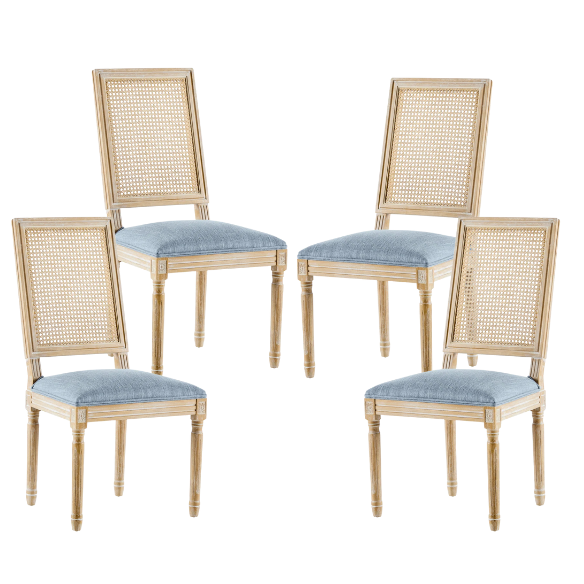 French Country Wood and Cane Upholstered Dining Chairs – Weathered Rubberwood Frame with Fluted Legs & Rectangular Cane Backrest