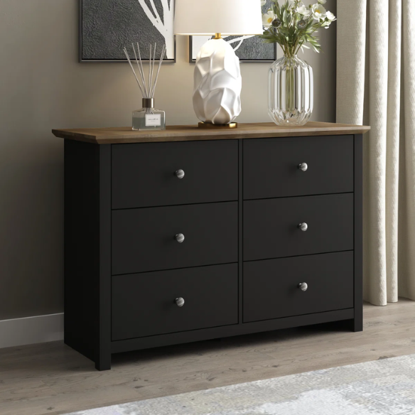 Modern 6-Drawer Double Dresser with Angled Sled Legs and Round Metal Hardware