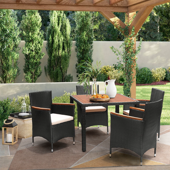 Outdoor Patio Dining Set | Acacia Wood Table and Chairs with Plush Cushions | Stylish Wicker Patio Furniture for Comfort and Elegance