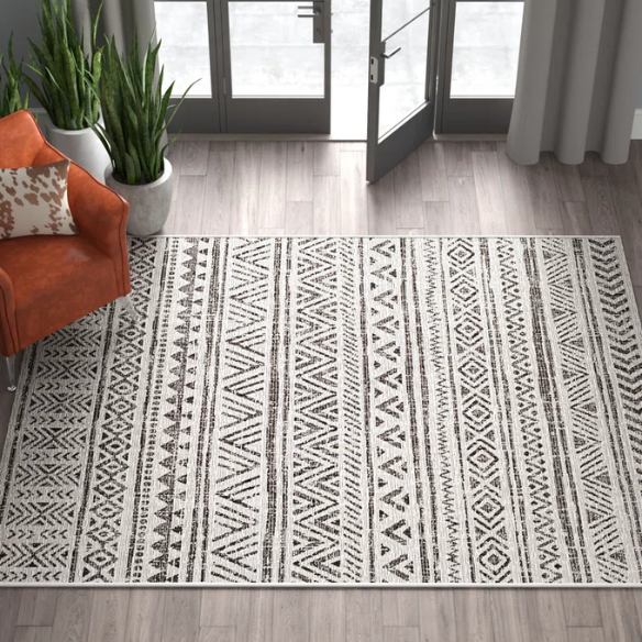 Striped Geometric Area Rug – Charcoal & Off-White, Durable Polypropylene, Low-Pile Design for High-Traffic Indoor/Outdoor Spaces