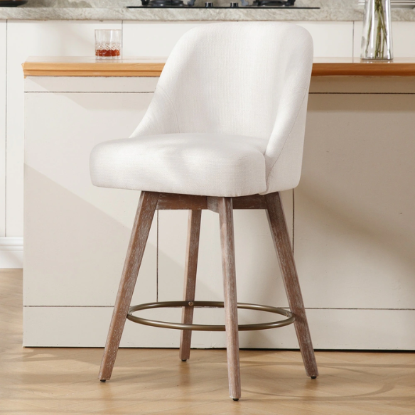 Modern Counter Height Swivel Bar Stool – Upholstered Faux Leather/Polyester Blend Seat, Solid Beech Wood Frame, Ergonomic High Back, Bronze Metal Footrest, 300lb Capacity for Kitchen, Bar, or Pub