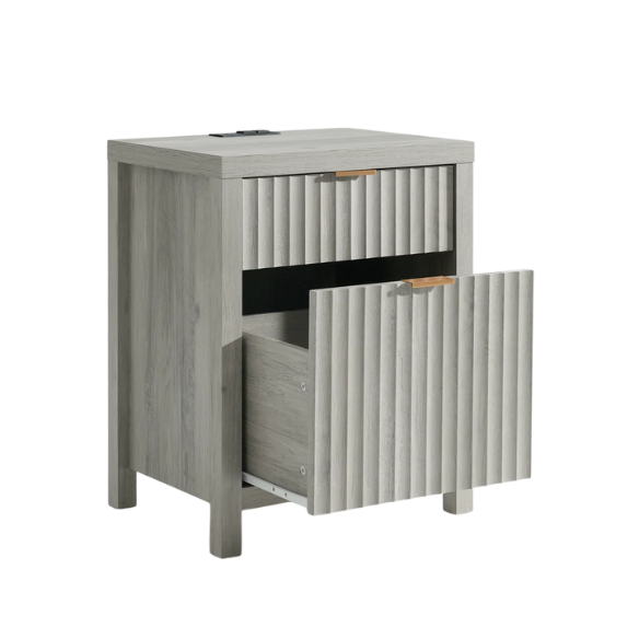 2-Drawer Nightstand with Built-In Outlets – Fluted Panels, Wood Grain Finish, Modern Design, Charging Station with 2 AC Outlets, USB & USB-C Ports, 4.9-Foot Power Cord, Set of 2