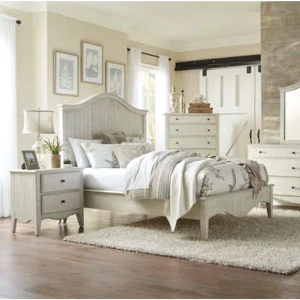 Rustic Charm Meets Chic Elegance: Solid Wood Platform King Size Bedroom Set with Scalloped Edges, Weathered White Wash Finish, Unique Grain Patterns, Angled Feet, and Oil-Rubbed Bronze Drawer Pulls