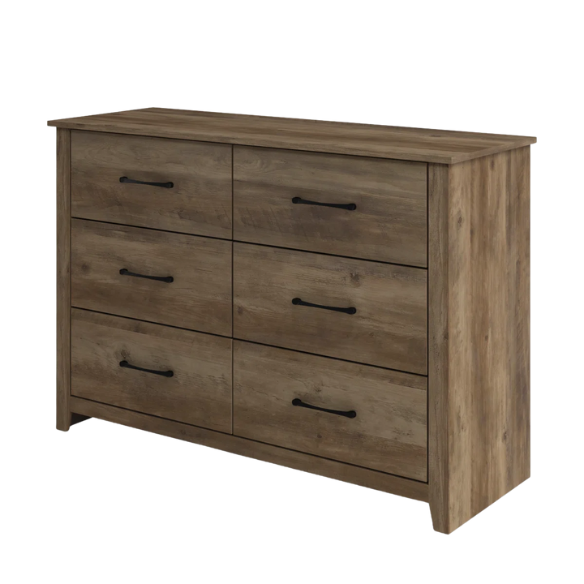 Modern 6-Drawer Double Dresser with Flared Feet and Sleek Black Metal Handles