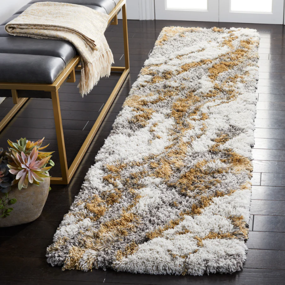Plush Abstract Gold & Grey Pattern Shag Rug