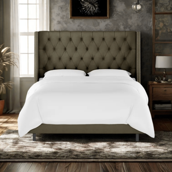 Chic Upholstered Wingback King Size Bed with Button Tufting and Nailhead Trim