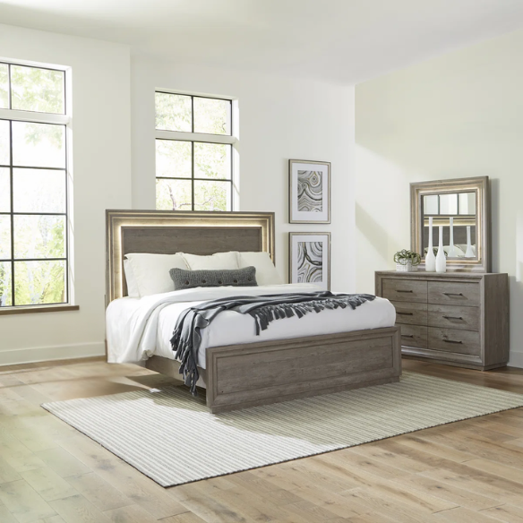 Contemporary Queen Bedroom Set with Brushed Nickel Storage Bed, LED-Illuminated Headboard, Dresser, Mirror, and Nightstand with Charging Station