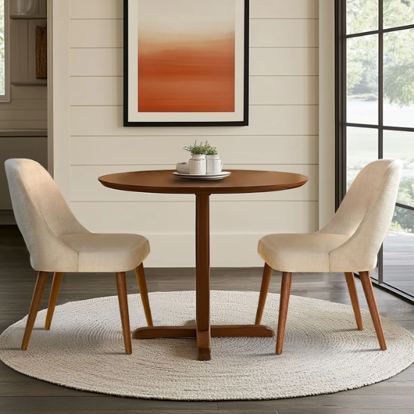 Textured Fabric Dining Side Chairs (Set of 2) – Solid Wood Frame with Mediterranean or Pecan Finish, High-Density Foam Fill & Rounded Back Design