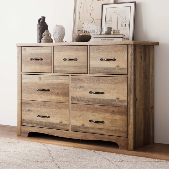 French Country-Inspired 47.2" 7-Drawer Double Dresser with Scalloped Apron and Elegant Metal Handles