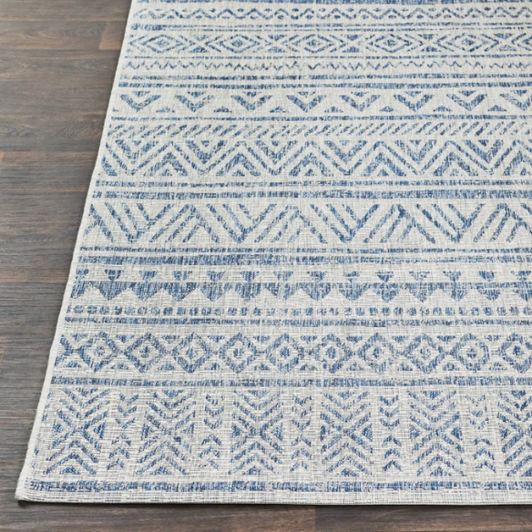 Striped Geometric Area Rug – Blue & Taupe, Durable Polypropylene, Low-Pile Design for High-Traffic Indoor/Outdoor Spaces