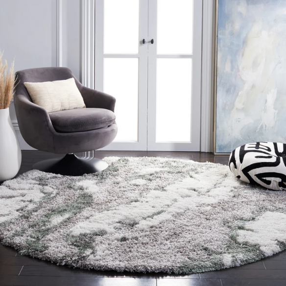 Plush Abstract Green, Grey, and White Pattern Shag Rug
