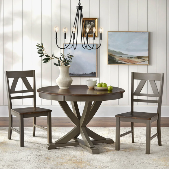Charming Country-Style Dining Set with Rustic Appeal – Round Table & Geometric Back Chairs