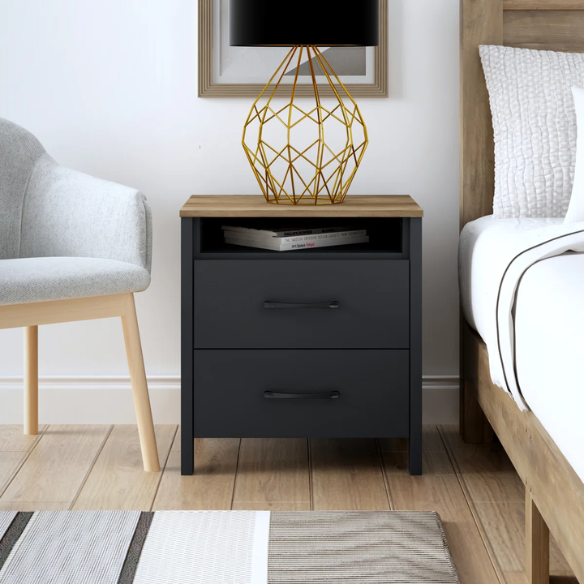 22.7" 2-Drawer Nightstand – Space-Saving Modern Minimalism, Engineered Wood with Clean-Lined Silhouette, Neutral Finish, Open Cubby & 2 Spacious Drawers for Bedroom Storage, Ideal for Tech & Accessories