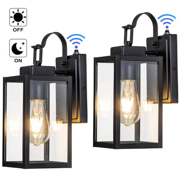 2-Pack Matte Black Dusk to Dawn Outdoor Wall Lanterns – Modern, Weather-Resistant Lighting with Clear Glass Shade for Patios, Porches, and Entryways