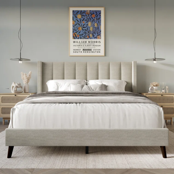 Queen Size Upholstered Wingback Bed with Soft Polyester Fabric – Elegant and Modern Design