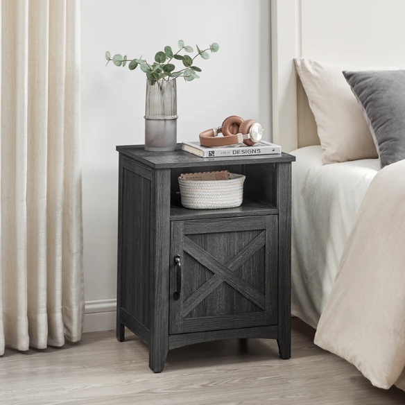 Farmhouse Nightstand with Cabinet & Open Compartment – Rustic Bedside Table, Distressed Finish, Barn Door Style, Matte Black Metal Handles, Flared Legs, Versatile Storage for Bedroom or Living Room