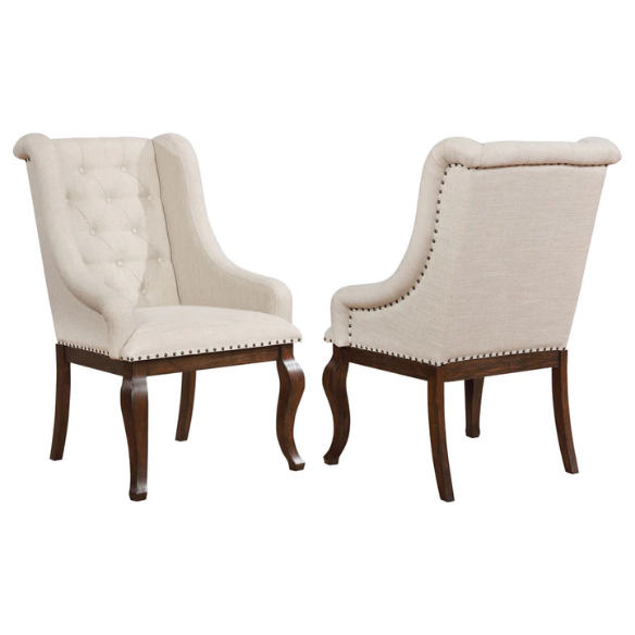 Beige Button Tufted Upholstered Arm Chairs with Dark Brown Wooden Legs (Set of 2) – Elegant Accent Dining or Lounge Seating