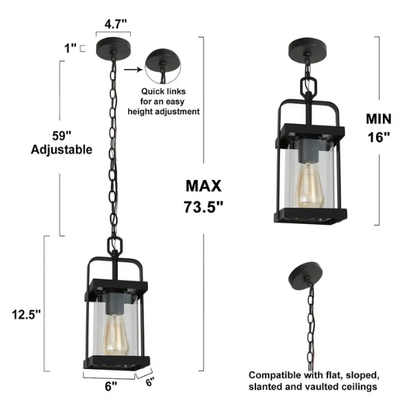 Modern Farmhouse Outdoor Patio lights Black Pendant Lighting Glass Shade Ceiling Light - Textured Black - L 6"x W 6"x H 12.5"