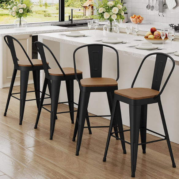 Set of 4 Farmhouse Counter Height Bar Stools – Rustic Industrial Style with Removable Backrest, Heavy-Duty Steel Frame, and Scratch-Resistant Finish