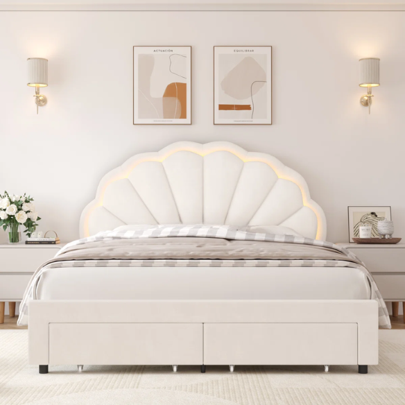 Floral-Inspired Queen Size Upholstered LED Bed Frame with Luxury Velvet, Drawer, and Adjustable Headboard