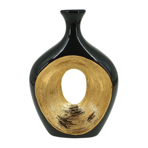 Abstract Sculptural Ceramic Vase with Unique Oval Cut-Out Design – 13" Modern Beaded Accent Vase for Tabletop or Shelf Décor, Ideal for Faux Florals and Statement Styling