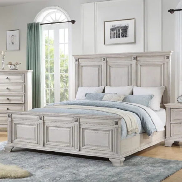 Solid Wood Panel 3-Piece Bedroom Set – Renova Distressed Parchment Wood Panel Bed with Vintage Black Finish, Muted Silver Accents, Fluted Pilasters, and French Bracket Foot Bases – Timeless Traditional Style with Raised Beveled Drawer Fronts