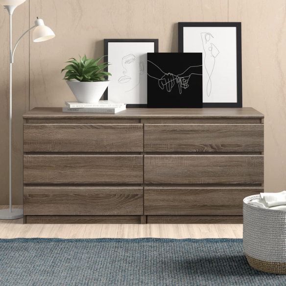 Versatile 60.5" 6-Drawer Double Dresser with Smooth Metal Glides and Clean-Lined Silhouette