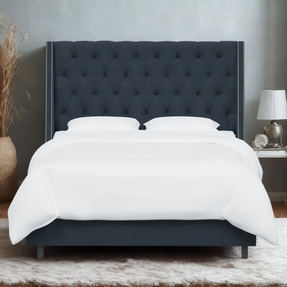 Chic Upholstered Wingback King Size Bed with Button Tufting and Nailhead Trim