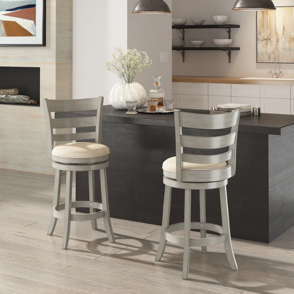 Upholstered Back Swivel Bar Stool – Durable Rubberwood Frame, 360° Swivel Seat, Ring Footrest, and Foam-Padded Linen or Faux Leather Upholstery for Comfortable Everyday Dining