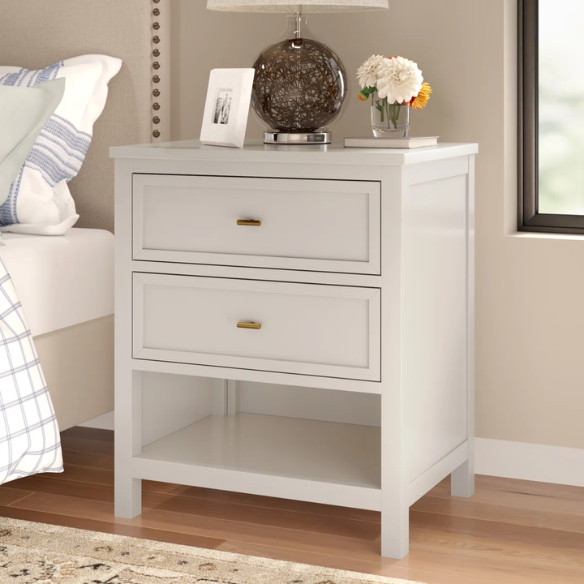 2-Drawer Nightstand – Traditional Solid Wood Frame with Inset Paneling, Neutral Finish, Gold Coastal-Inspired Drawer Pulls, Clean Lines & Spacious Surface for Bedroom Essentials