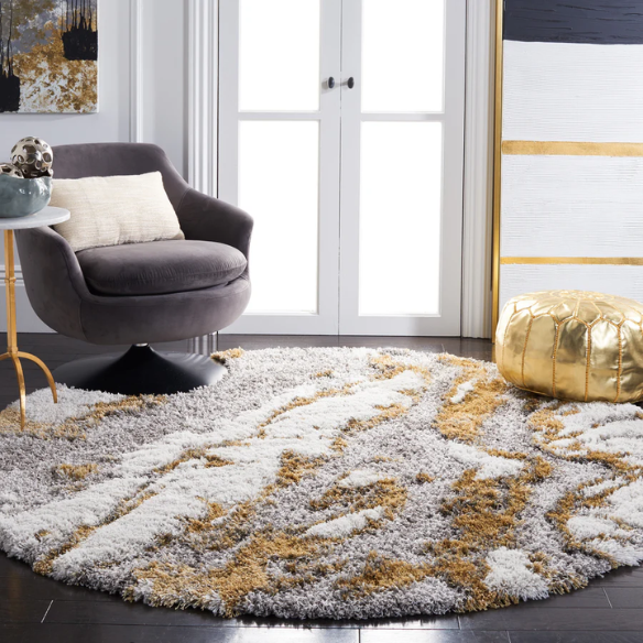 Plush Abstract Gold & Grey Pattern Shag Rug