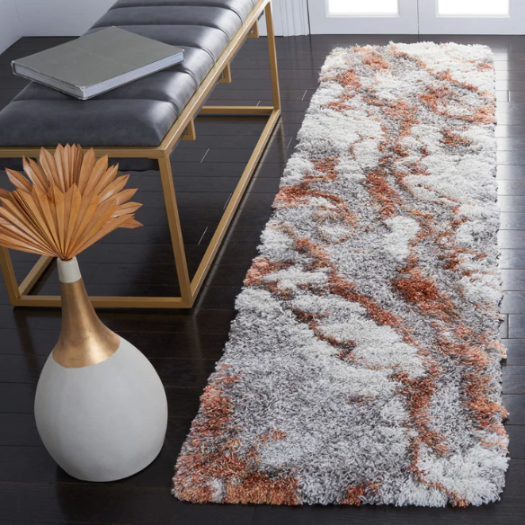 Plush Abstract Rust, Grey, and White Pattern Shag Rug